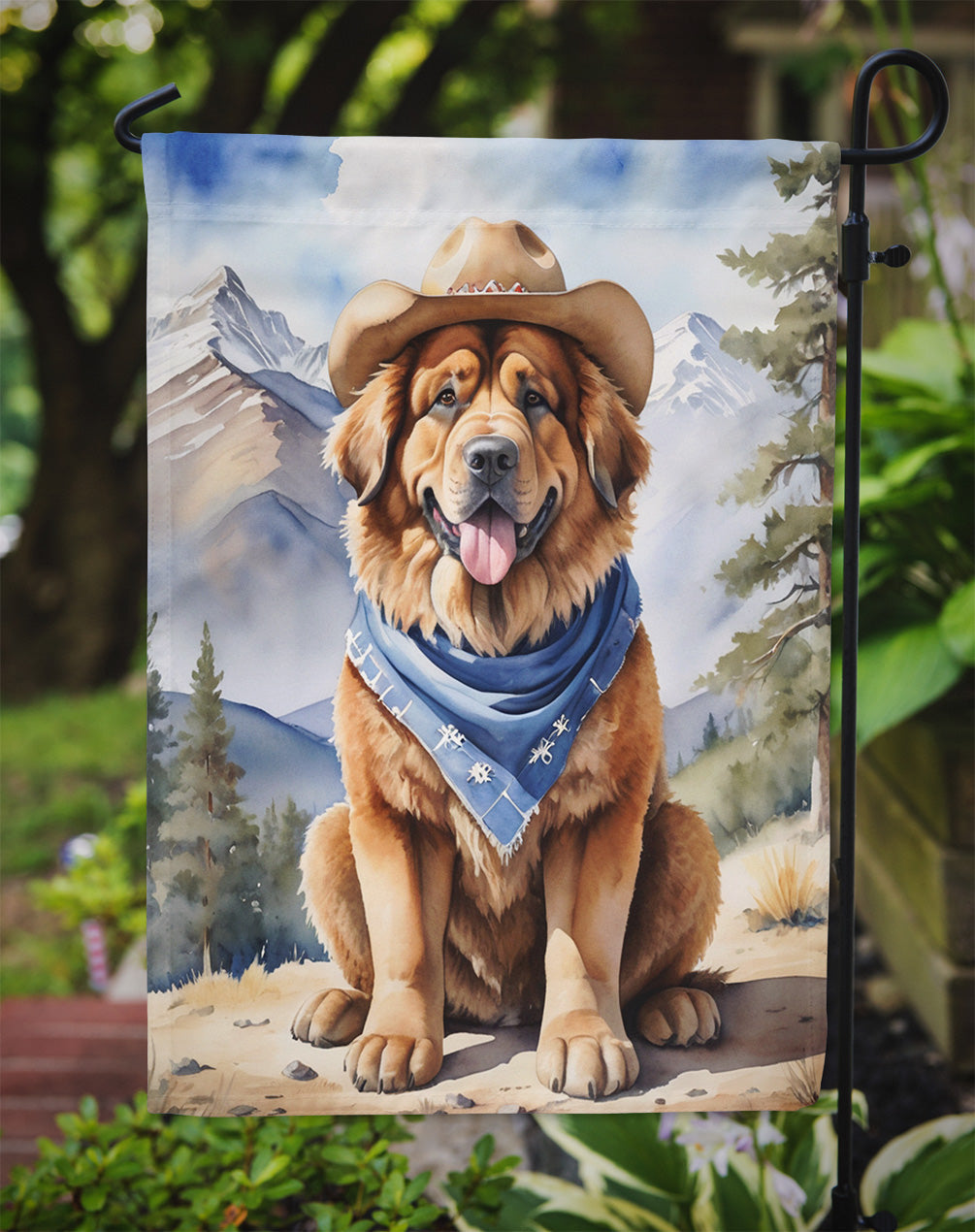 Tibetan Mastiff Cowboy Welcome Garden Flag – Western Dog Yard Decor with Mountain Landscape