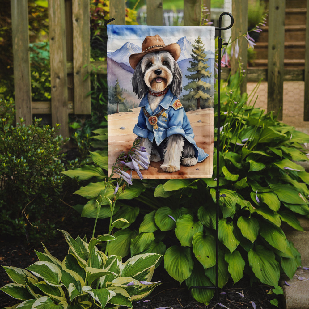 Tibetan Terrier Cowboy Welcome Garden Flag – Western Dog Yard Decor with Mountain Landscape