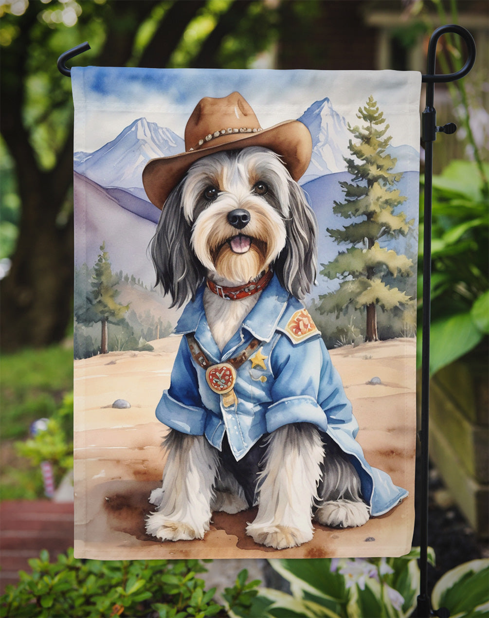 Tibetan Terrier Cowboy Welcome Garden Flag – Western Dog Yard Decor with Mountain Landscape