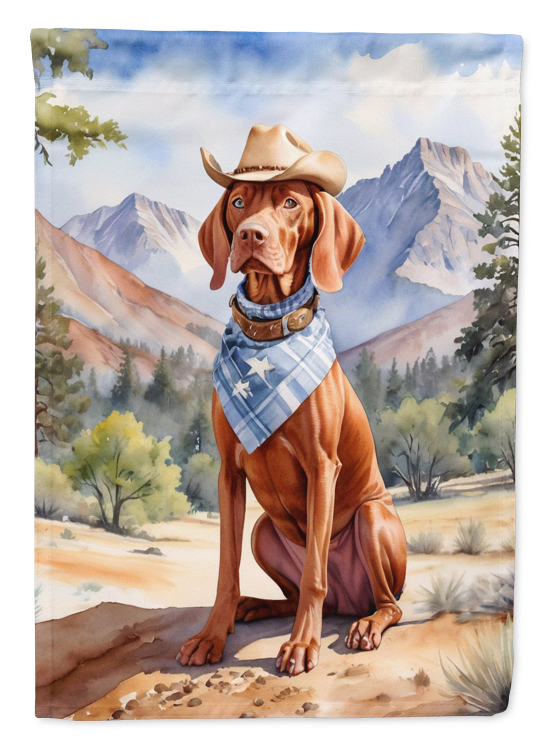 Vizsla Cowboy Welcome Garden Flag – Western Dog Yard Decor with Mountain Landscape