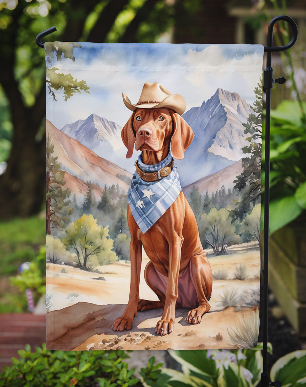 Vizsla Cowboy Welcome Garden Flag – Western Dog Yard Decor with Mountain Landscape