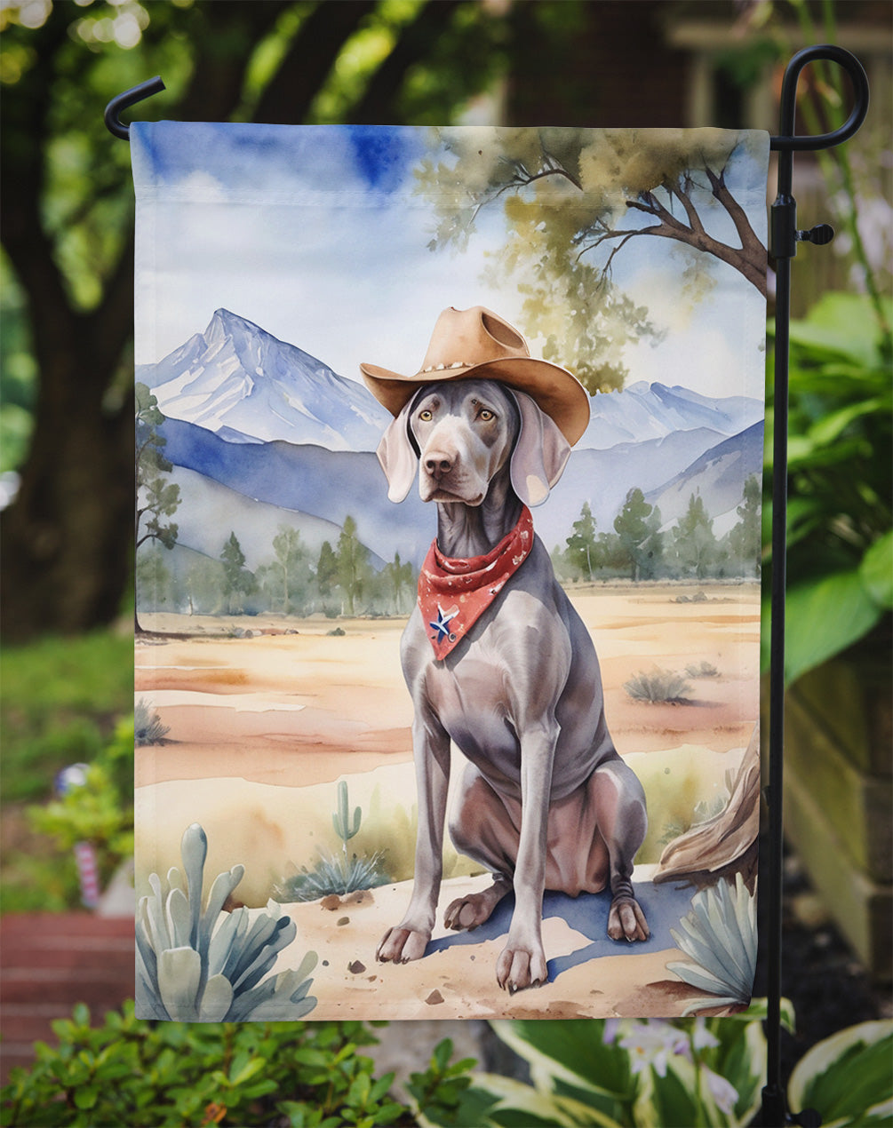 Weimaraner Cowboy Welcome Garden Flag – Western Dog Yard Decor with Mountain Landscape