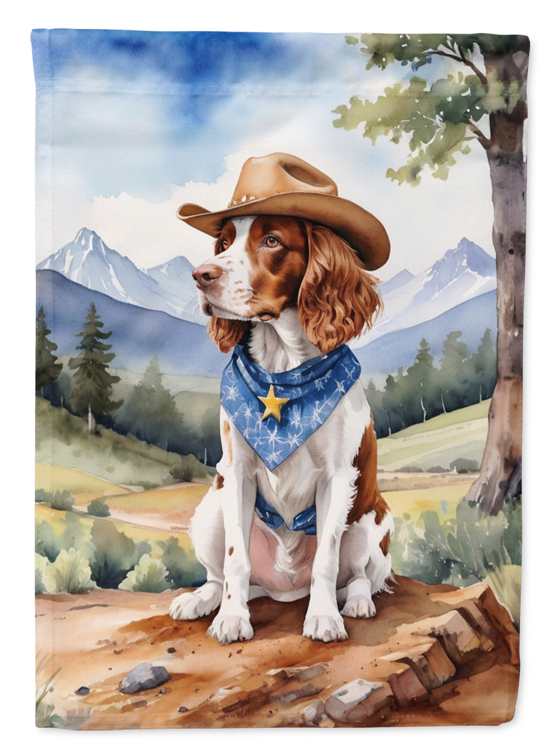 Welsh Springer Spaniel Cowboy Welcome Garden Flag – Western Dog Yard Decor with Mountain Landscape