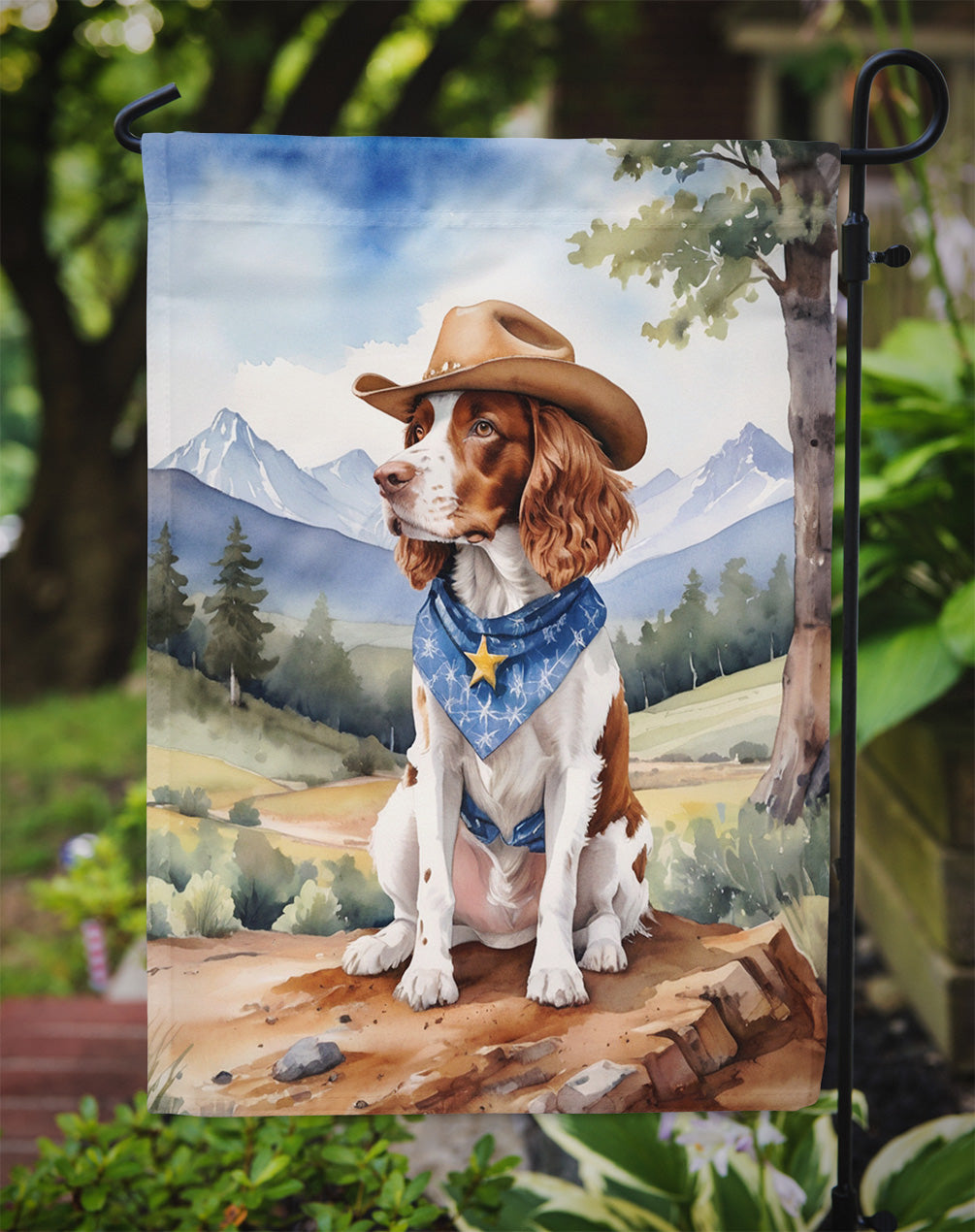 Welsh Springer Spaniel Cowboy Welcome Garden Flag – Western Dog Yard Decor with Mountain Landscape
