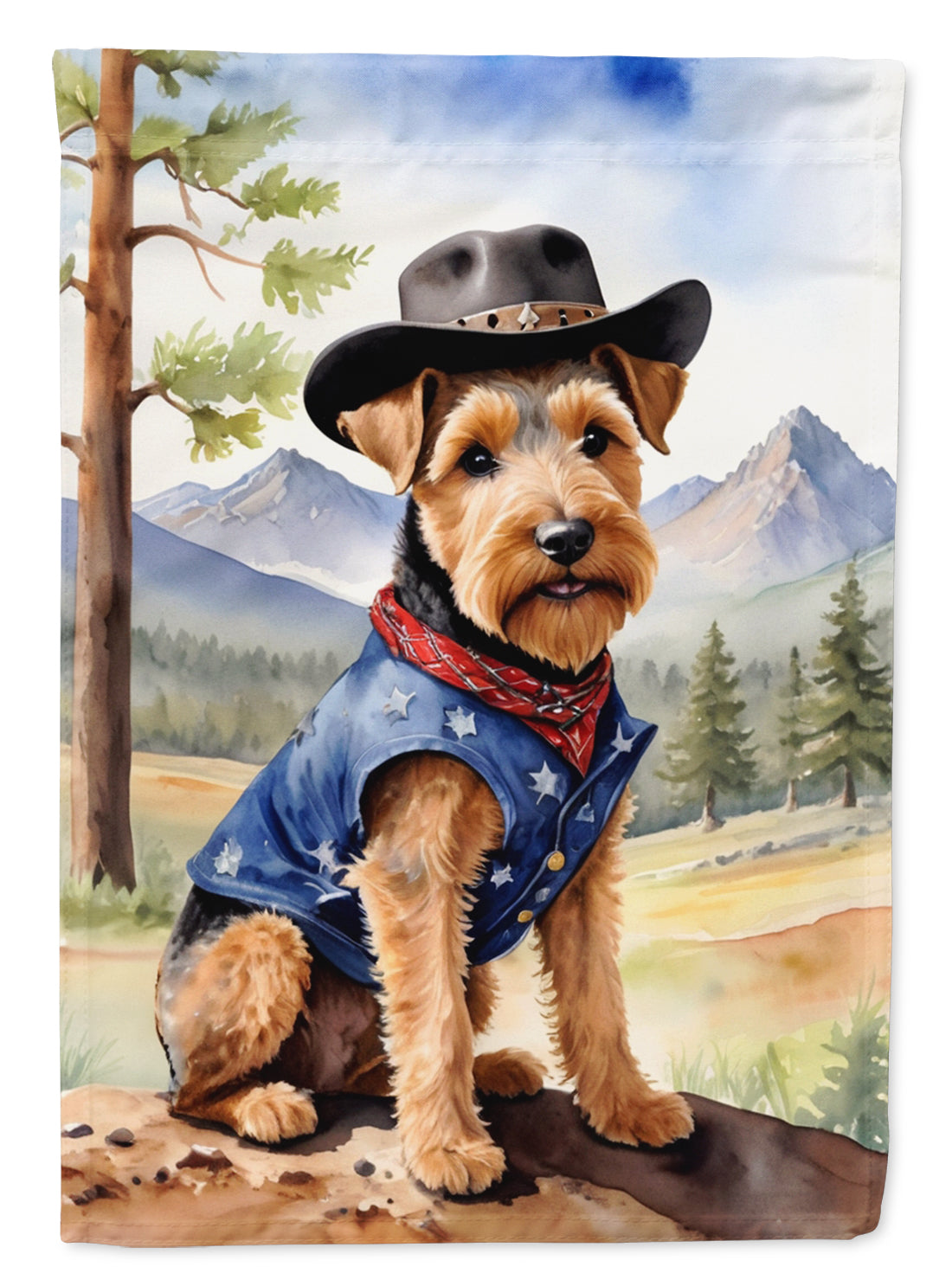 Welsh Terrier Cowboy Welcome Garden Flag – Western Dog Yard Decor with Mountain Landscape