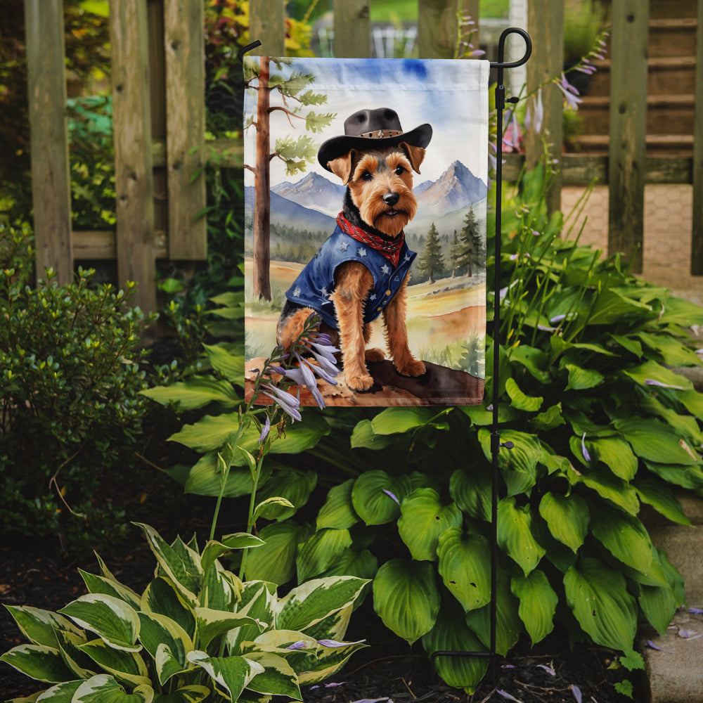 Welsh Terrier Cowboy Welcome Garden Flag – Western Dog Yard Decor with Mountain Landscape