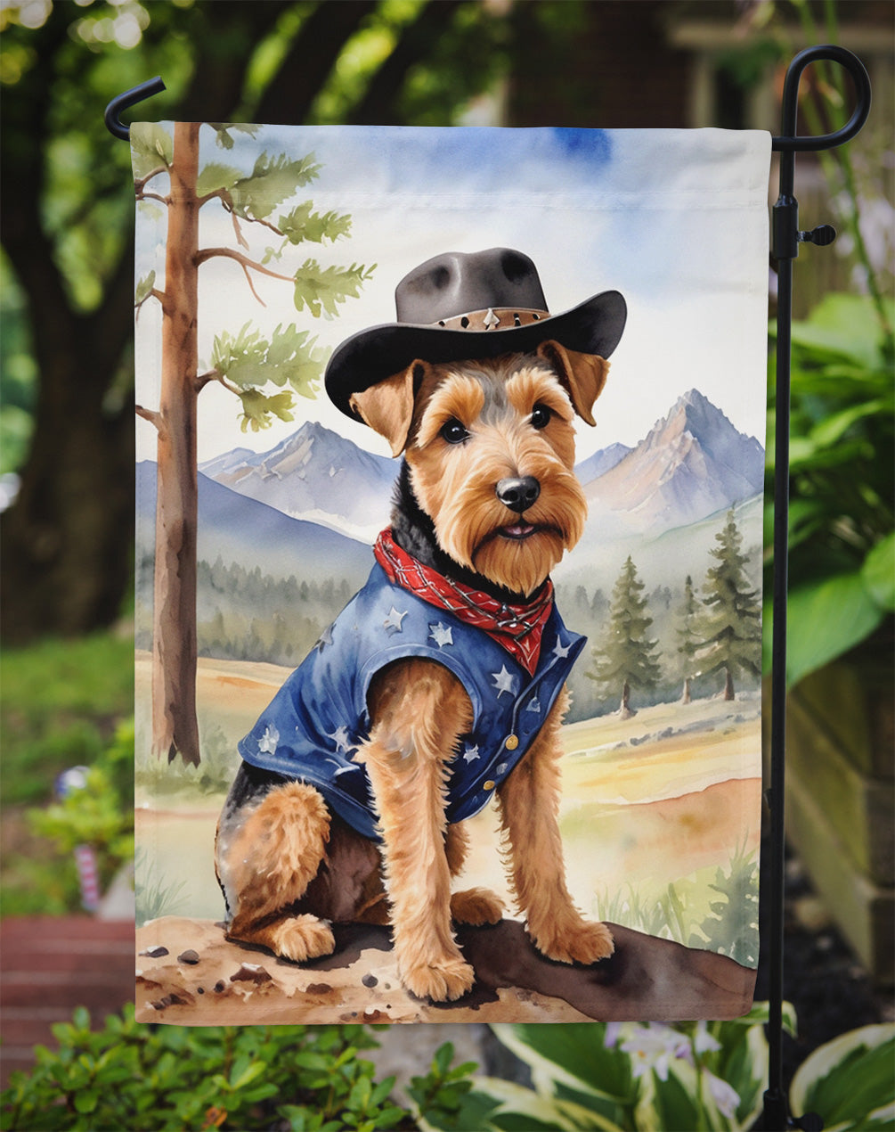 Welsh Terrier Cowboy Welcome Garden Flag – Western Dog Yard Decor with Mountain Landscape