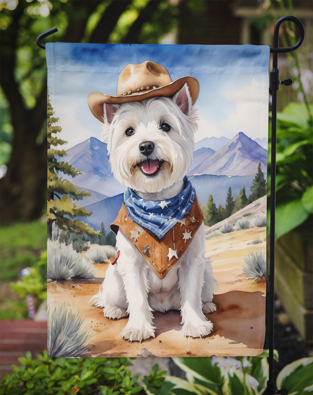 Westie Cowboy Welcome Garden Flag – Western Dog Yard Decor with Mountain Landscape