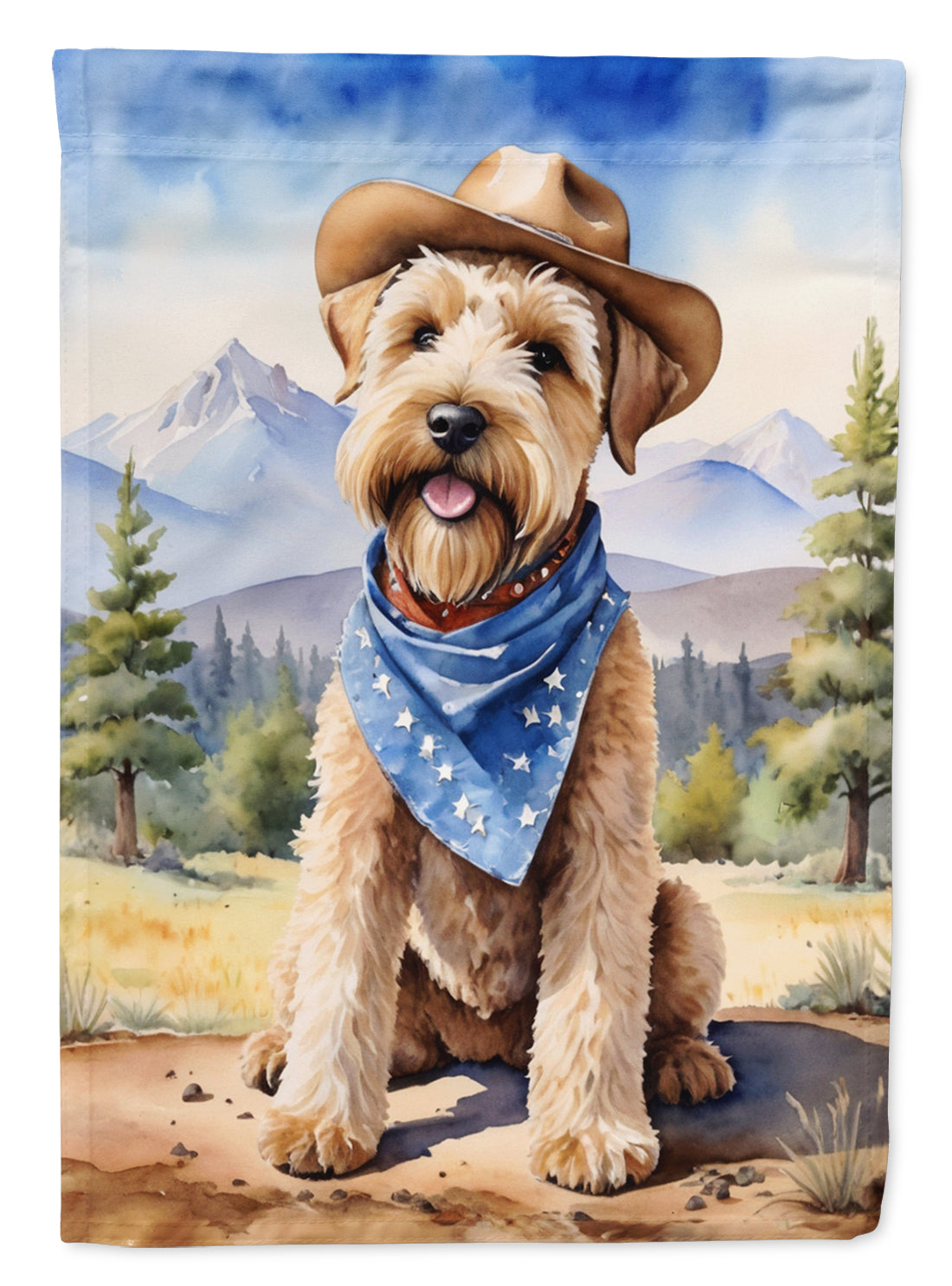 Wheaten Terrier Cowboy Welcome Garden Flag – Western Dog Yard Decor with Mountain Landscape