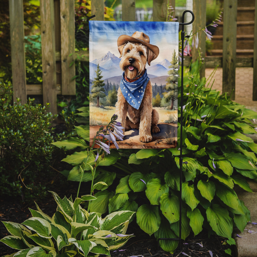 Wheaten Terrier Cowboy Welcome Garden Flag – Western Dog Yard Decor with Mountain Landscape