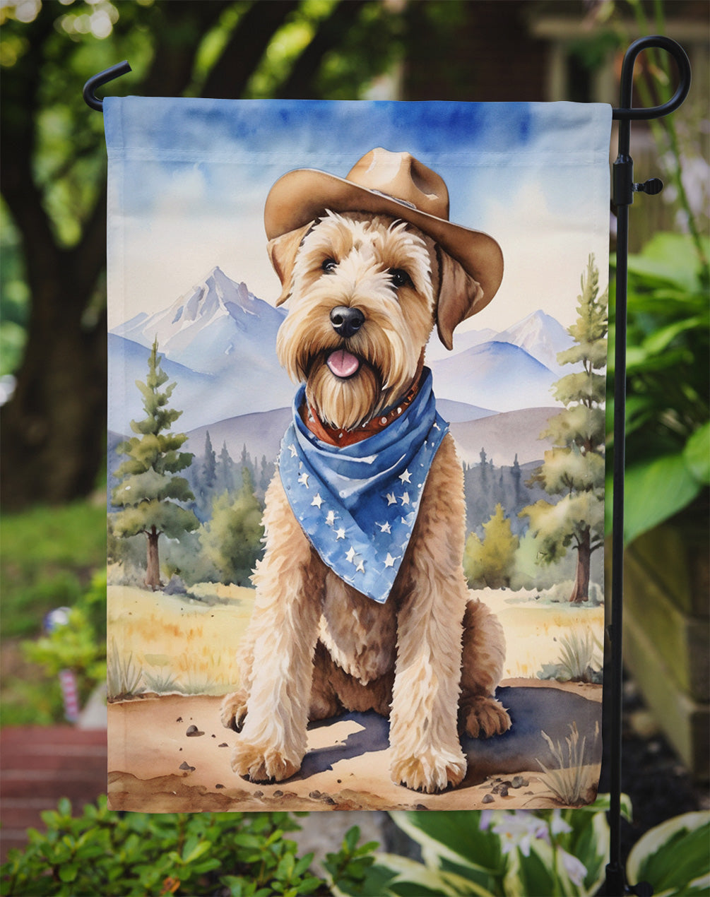 Wheaten Terrier Cowboy Welcome Garden Flag – Western Dog Yard Decor with Mountain Landscape