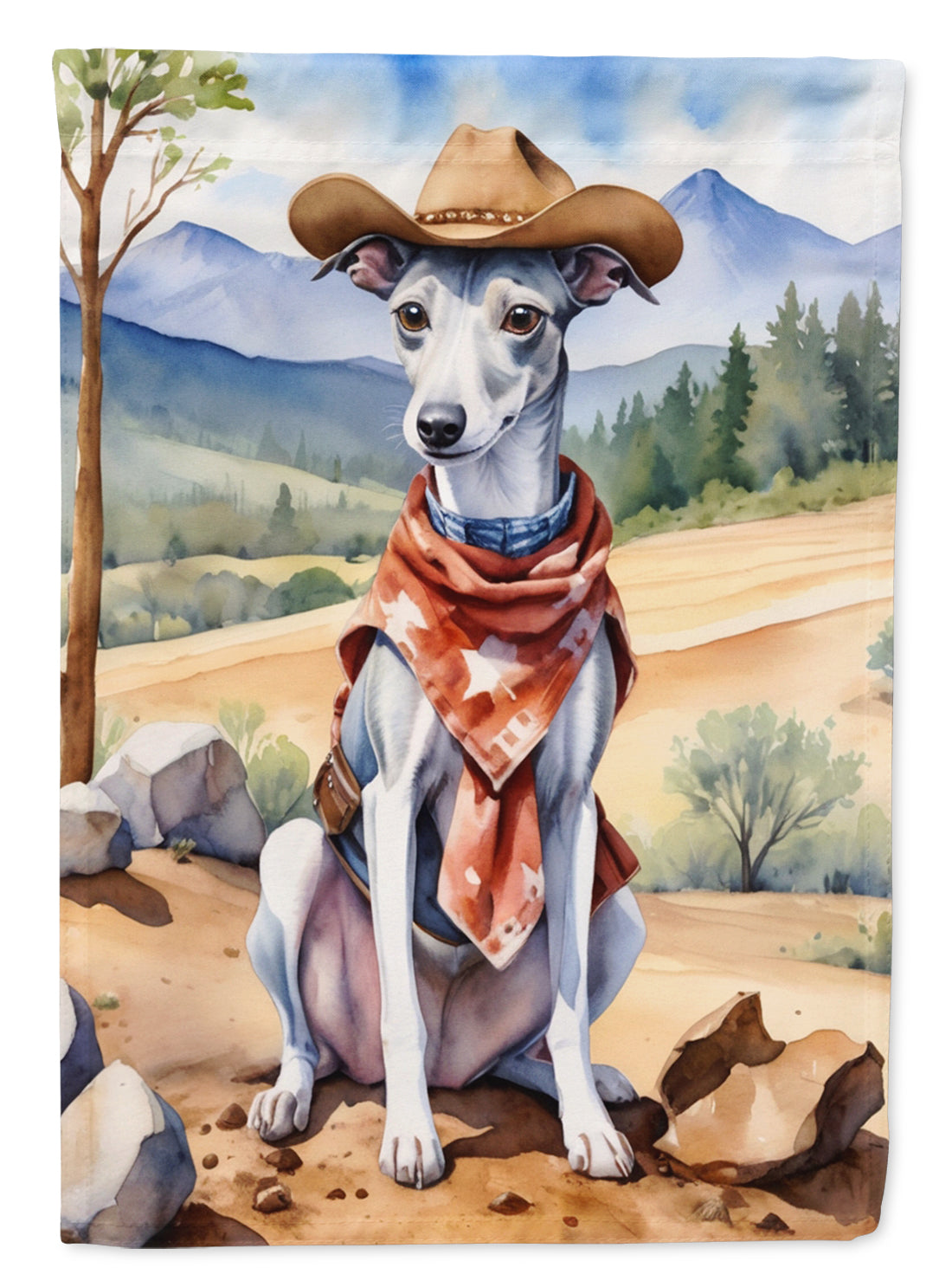 Whippet Cowboy Welcome Garden Flag – Western Dog Yard Decor with Mountain Landscape