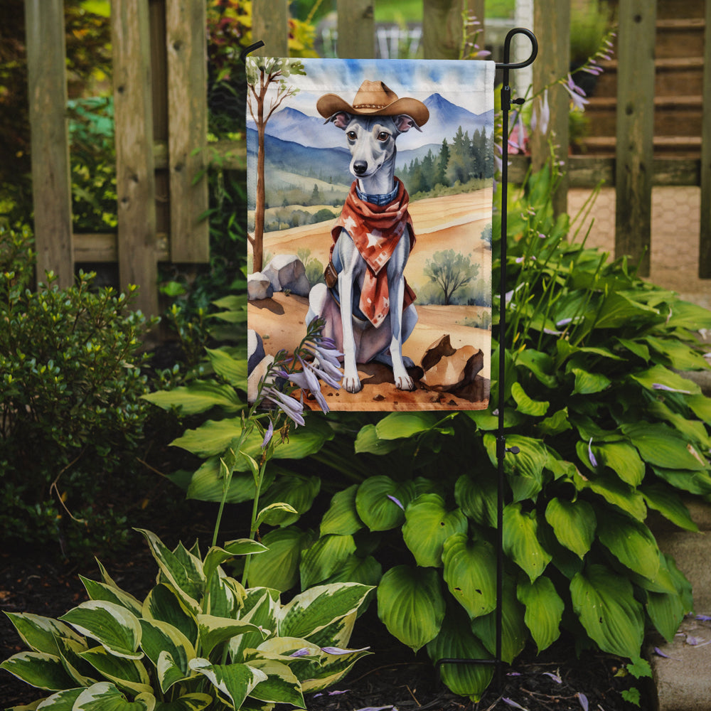 Whippet Cowboy Welcome Garden Flag – Western Dog Yard Decor with Mountain Landscape