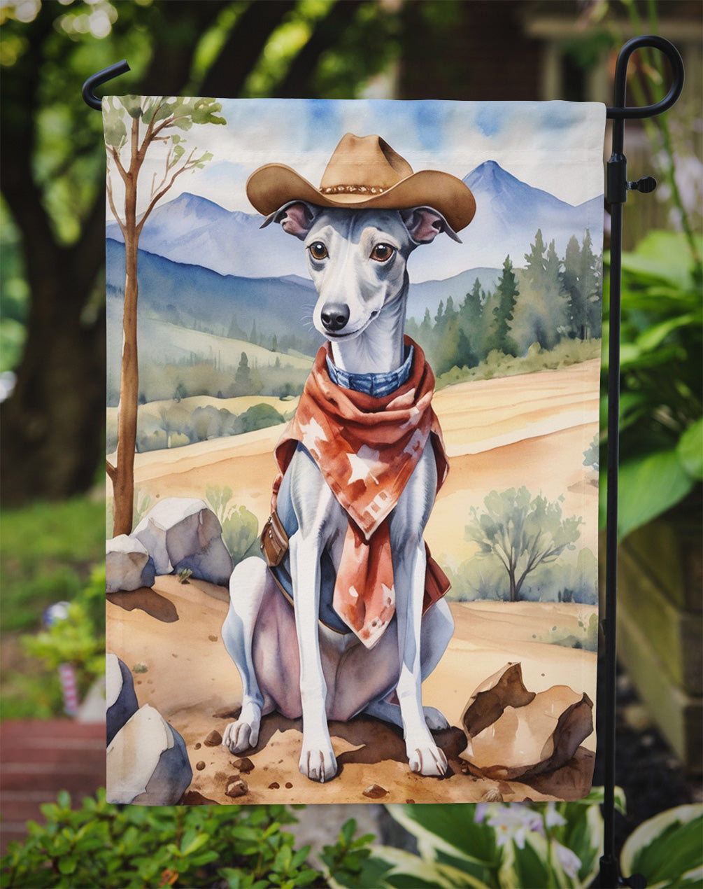 Whippet Cowboy Welcome Garden Flag – Western Dog Yard Decor with Mountain Landscape