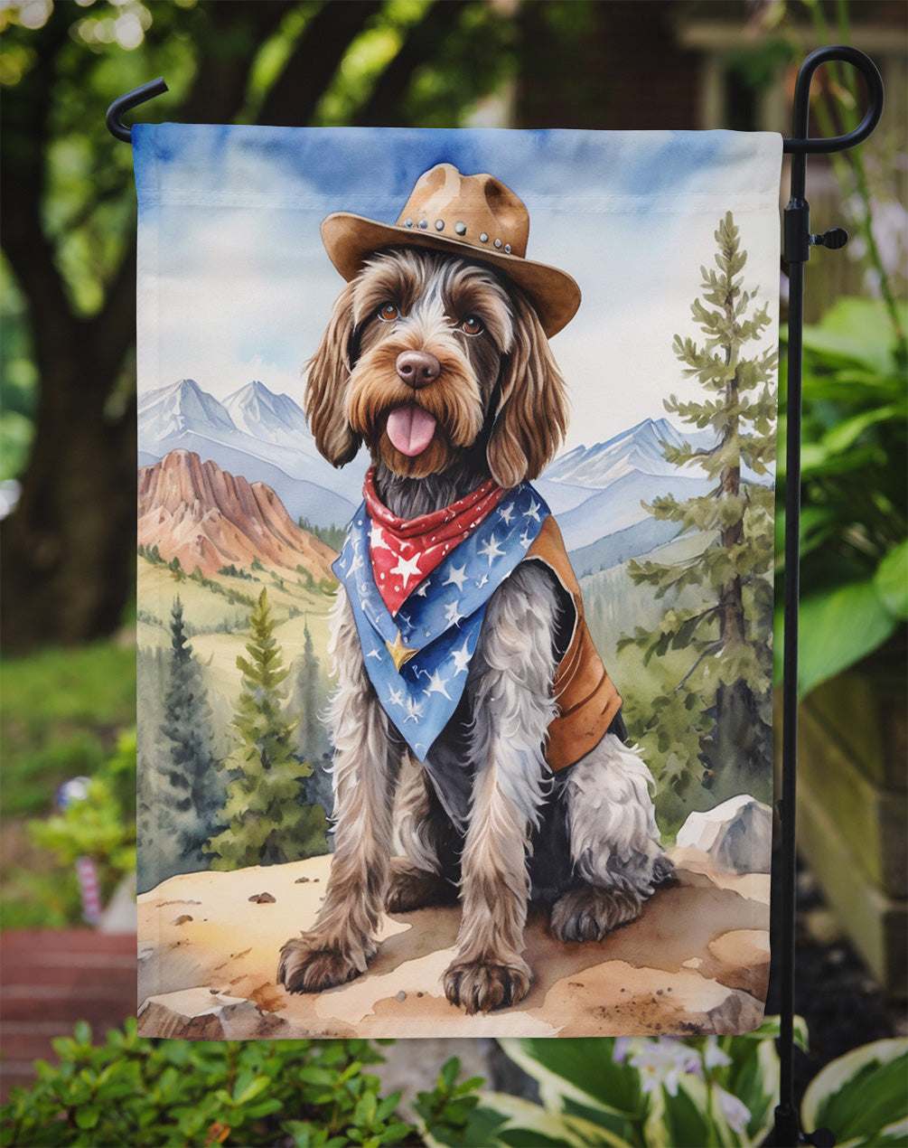 Wirehaired Pointing Griffon Cowboy Welcome Garden Flag – Western Dog Yard Decor with Mountain Landscape