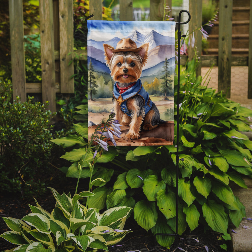 Yorkshire Terrier Yorkie Cowboy Welcome Garden Flag – Western Dog Yard Decor with Mountain Landscape
