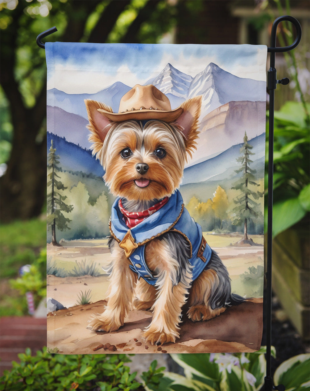 Yorkshire Terrier Yorkie Cowboy Welcome Garden Flag – Western Dog Yard Decor with Mountain Landscape