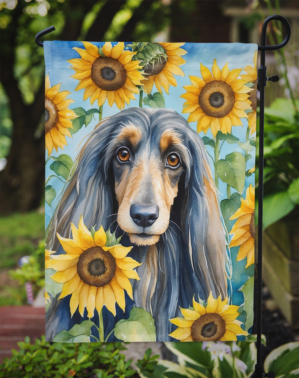 Afghan Hound in Sunflowers Garden Flag – Bright Dog-Themed Yard Decor