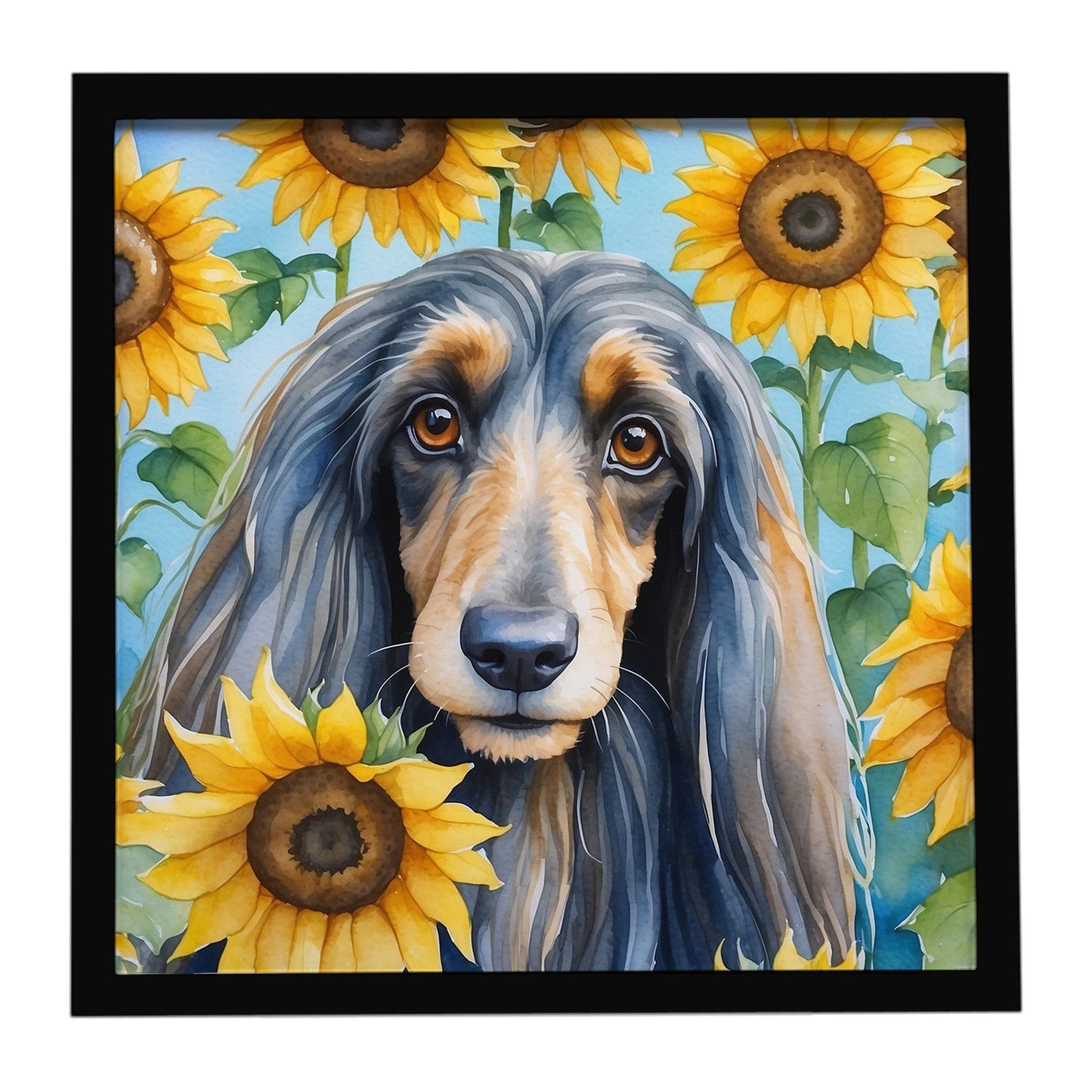 Afghan Hound in Sunflowers Framed Metal Print