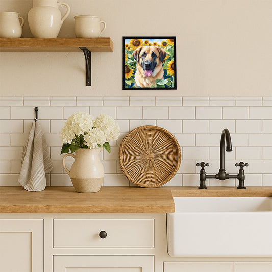 Anatolian Shepherd in Sunflowers Framed Metal Print