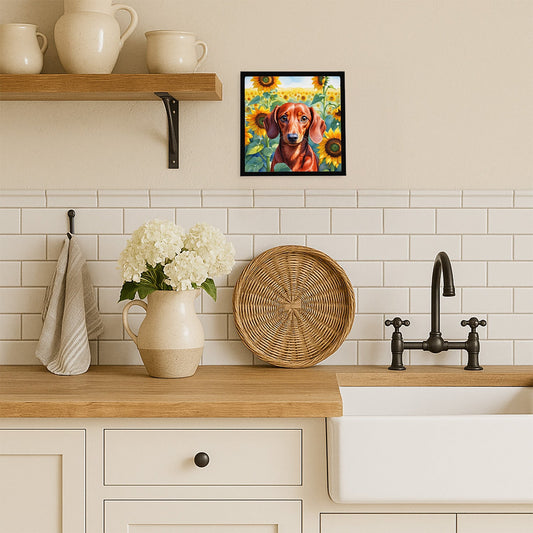 Dachshund in Sunflowers Framed Metal Print