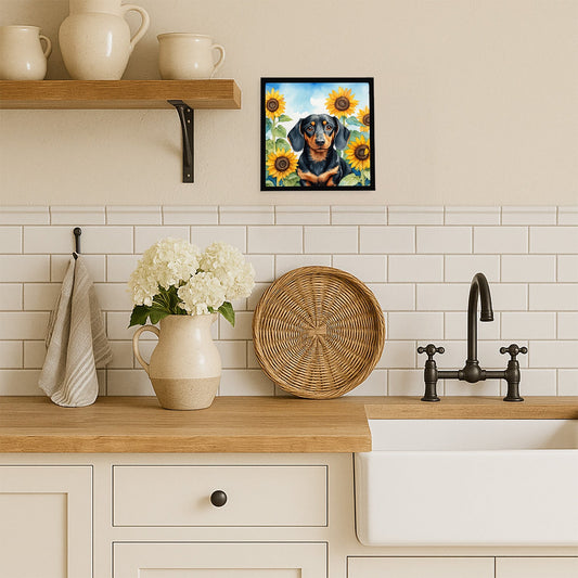 Dachshund in Sunflowers Framed Metal Print