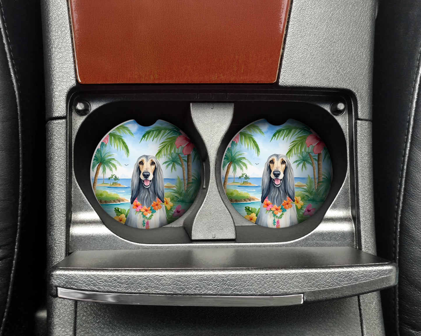 Afghan Hound Luau Car Coasters – Set of 2 - Absorbent Stone with Fun & Functional Artwork