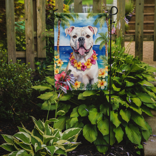 American Bulldog Luau Garden Flag – Tropical Dog Decor with Hibiscus & Palm Leaves