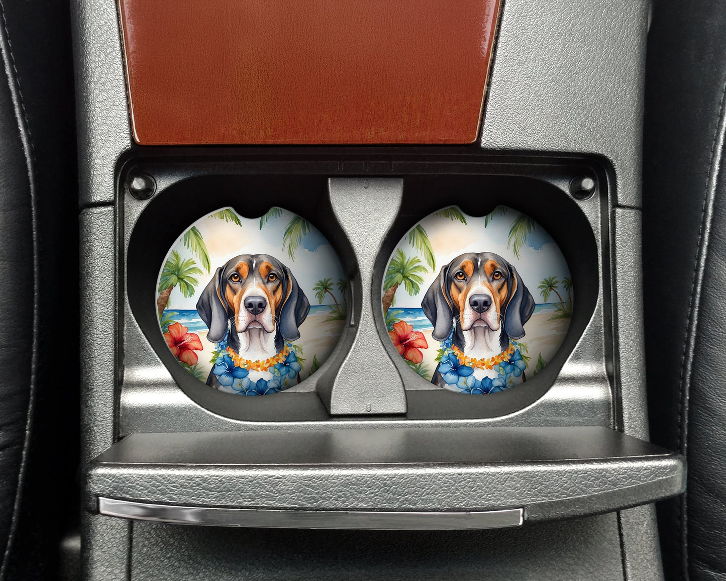 American English Coonhound Luau Car Coasters – Set of 2 - Absorbent Stone with Fun & Functional Artwork