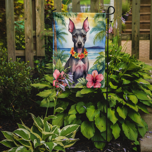American Hairless Terrier Luau Garden Flag – Tropical Dog Decor with Hibiscus & Palm Leaves