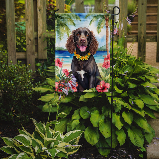 American Water Spaniel Luau Garden Flag – Tropical Dog Decor with Hibiscus & Palm Leaves