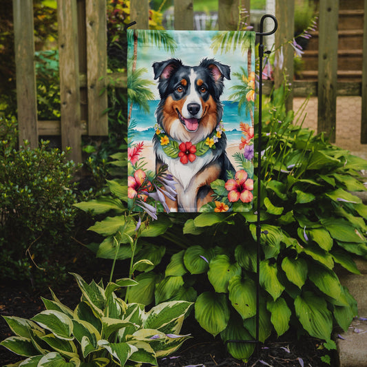 Australian Shepherd Luau Garden Flag – Tropical Dog Decor with Hibiscus & Palm Leaves