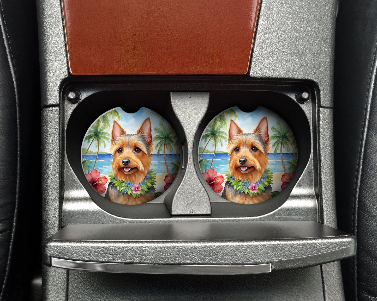 Australian Terrier Luau Car Coasters – Set of 2 - Absorbent Stone with Fun & Functional Artwork