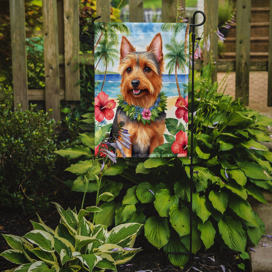 Australian Terrier Luau Garden Flag – Tropical Dog Decor with Hibiscus & Palm Leaves