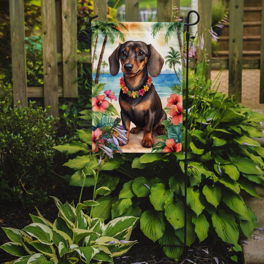 Dachshund Luau Garden Flag – Tropical Dog Decor with Hibiscus & Palm Leaves