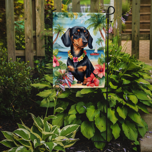 Dachshund Luau Garden Flag – Tropical Dog Decor with Hibiscus & Palm Leaves
