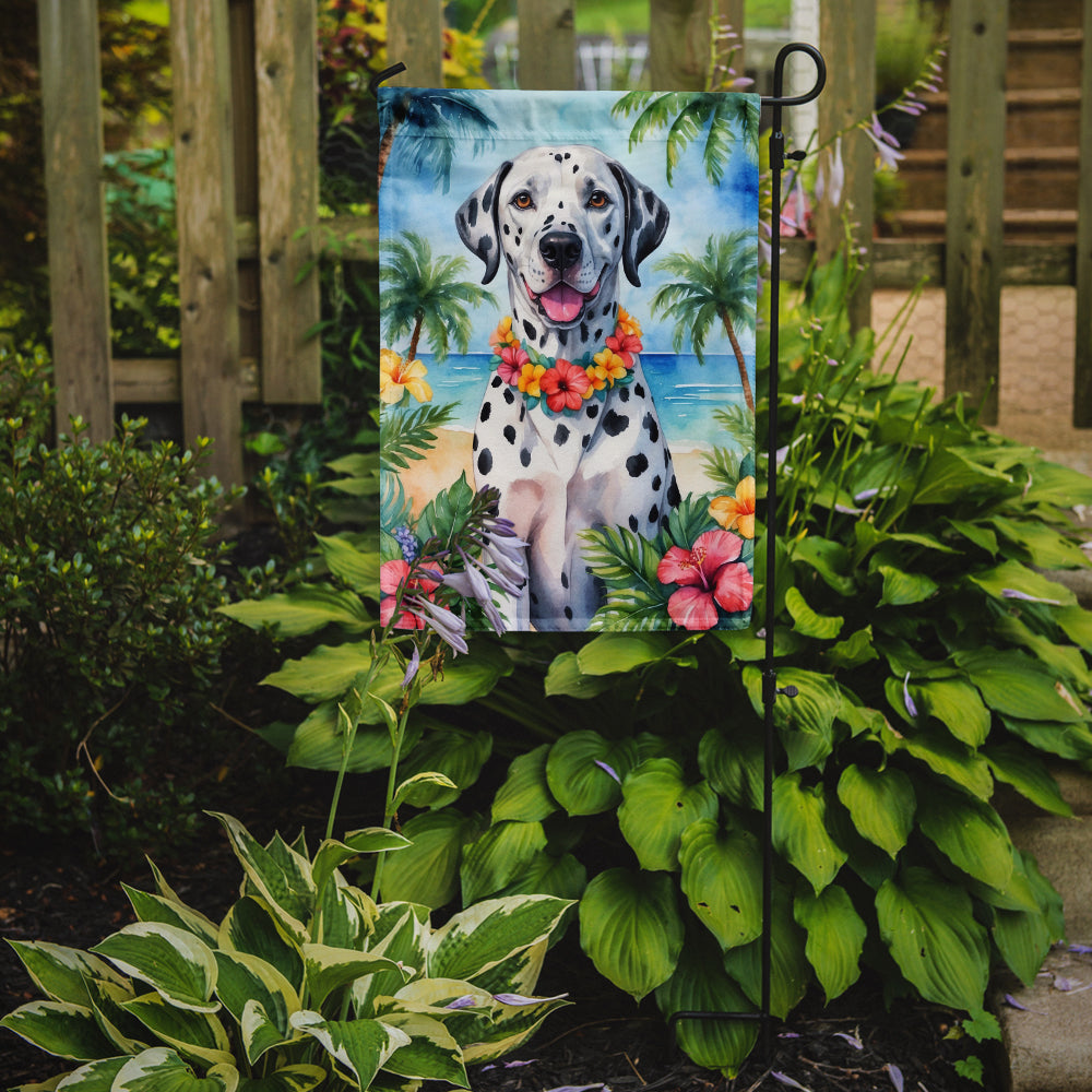 Dalmatian Luau Garden Flag – Tropical Dog Decor with Hibiscus & Palm Leaves