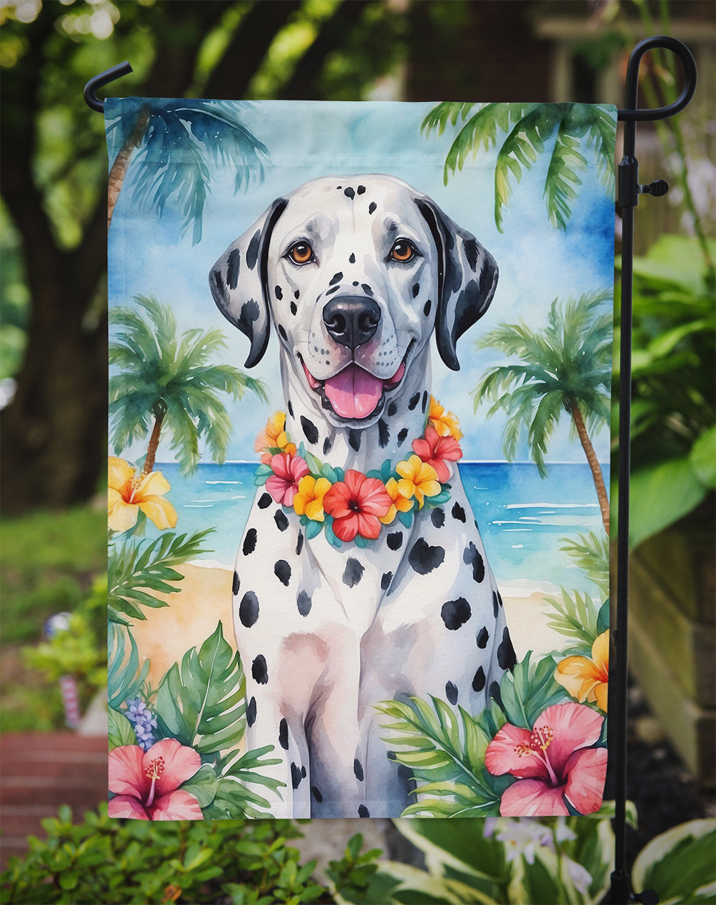 Dalmatian Luau Garden Flag – Tropical Dog Decor with Hibiscus & Palm Leaves