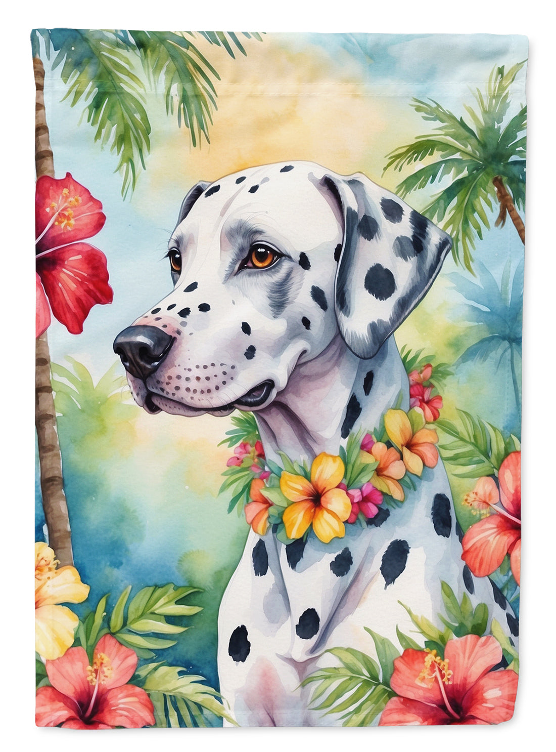Dalmatian Luau Garden Flag – Tropical Dog Decor with Hibiscus & Palm Leaves