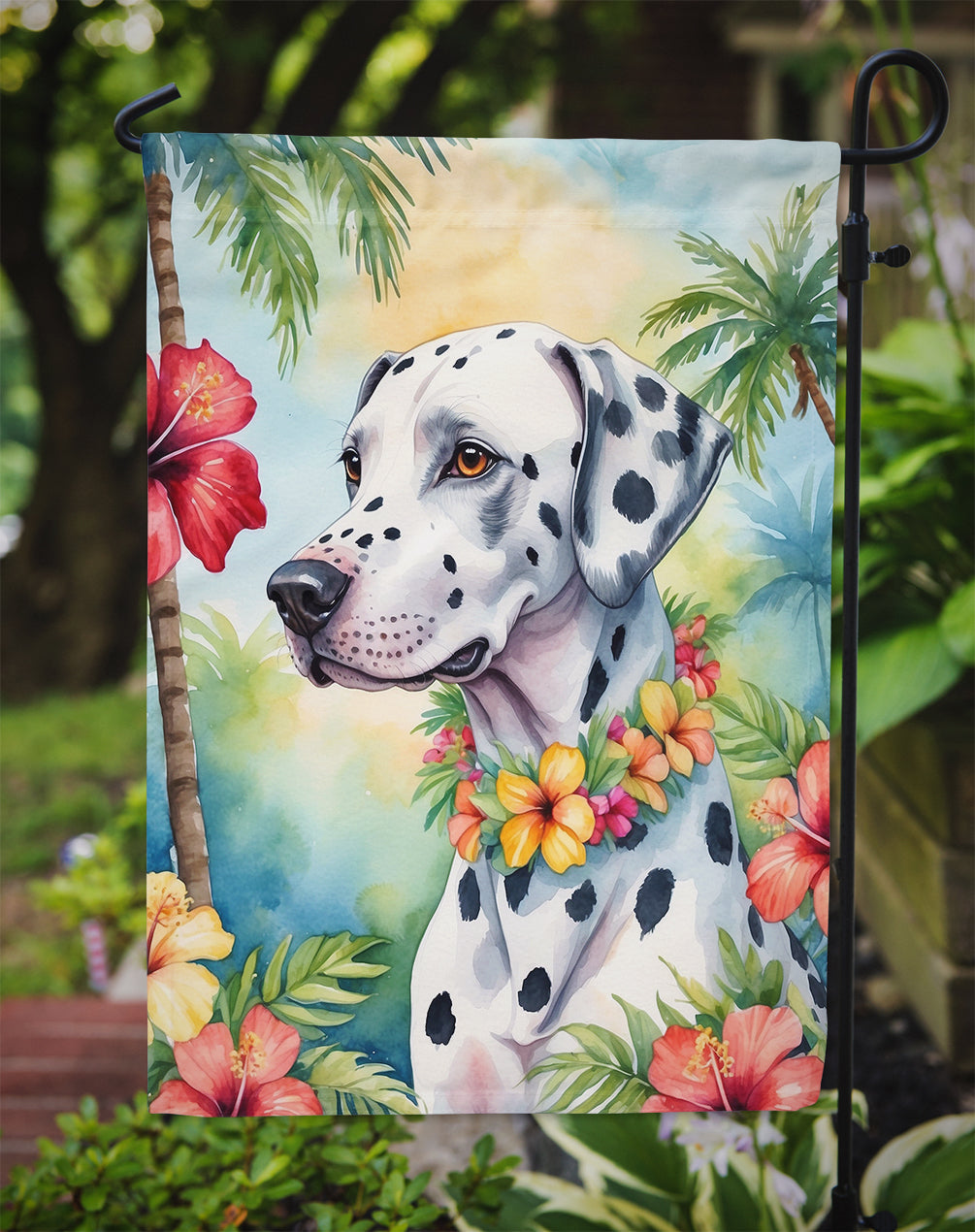 Dalmatian Luau Garden Flag – Tropical Dog Decor with Hibiscus & Palm Leaves