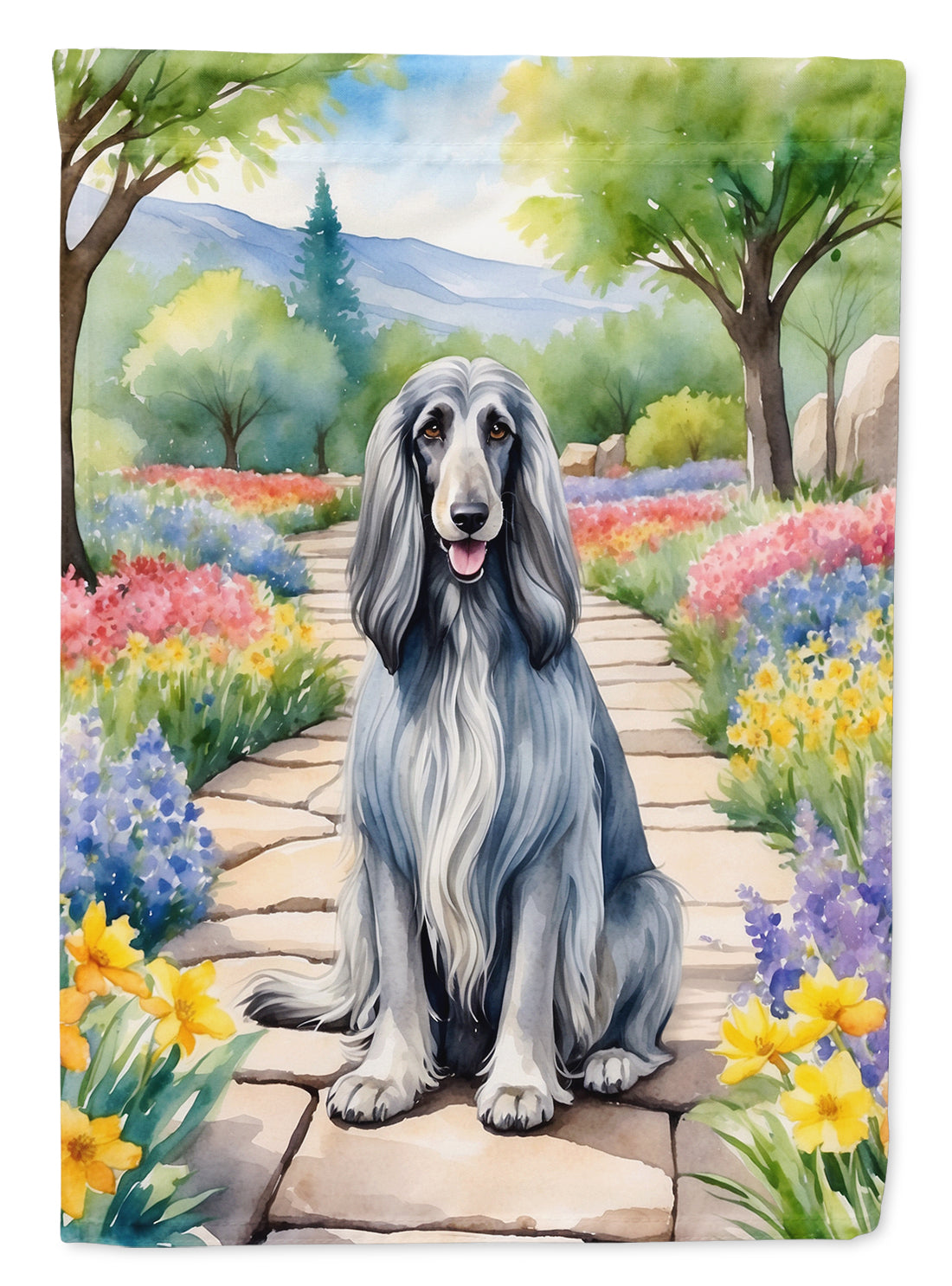 Afghan Hound Spring Path Garden Flag – Dog-Themed Floral Outdoor Decor