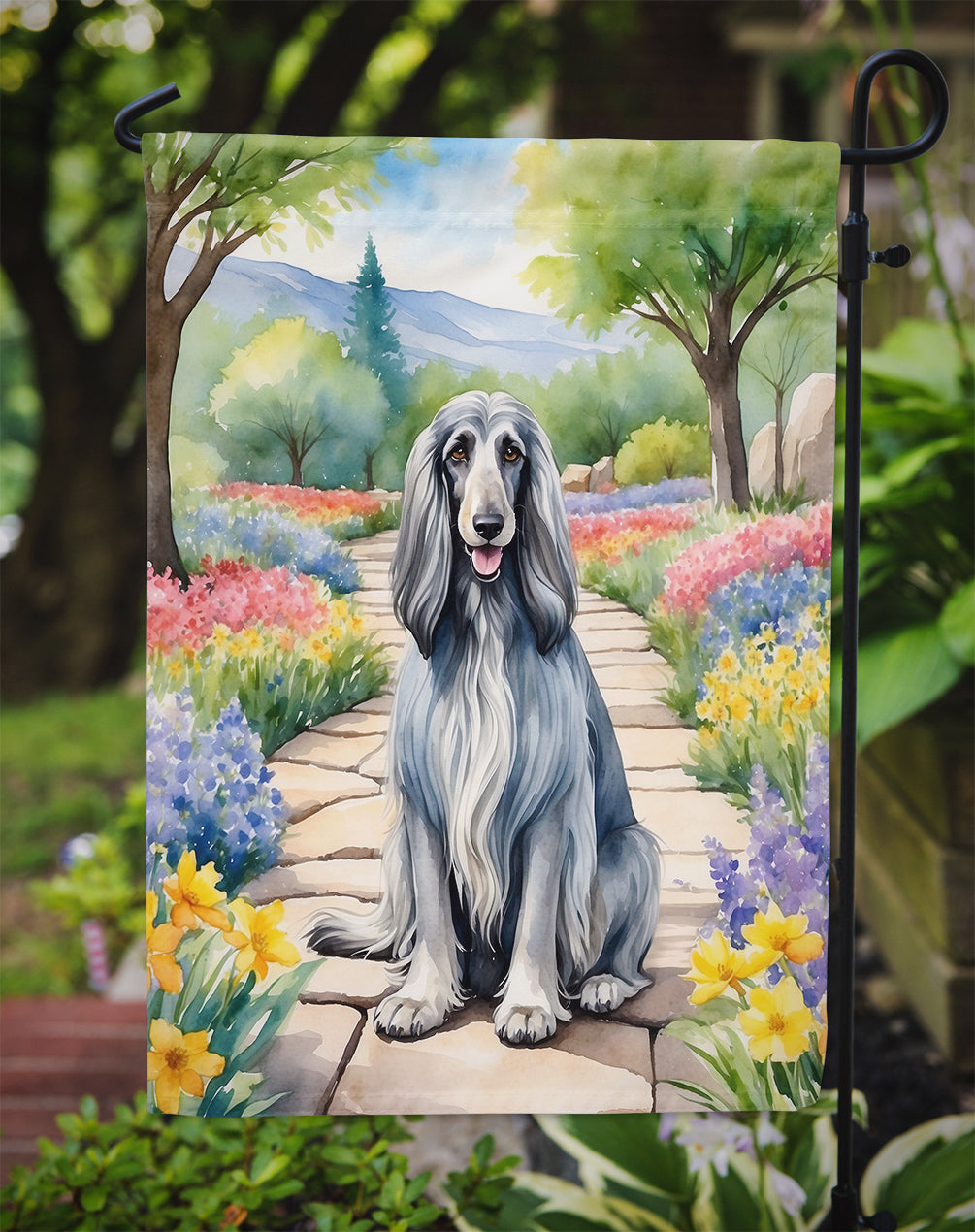 Afghan Hound Spring Path Garden Flag – Dog-Themed Floral Outdoor Decor
