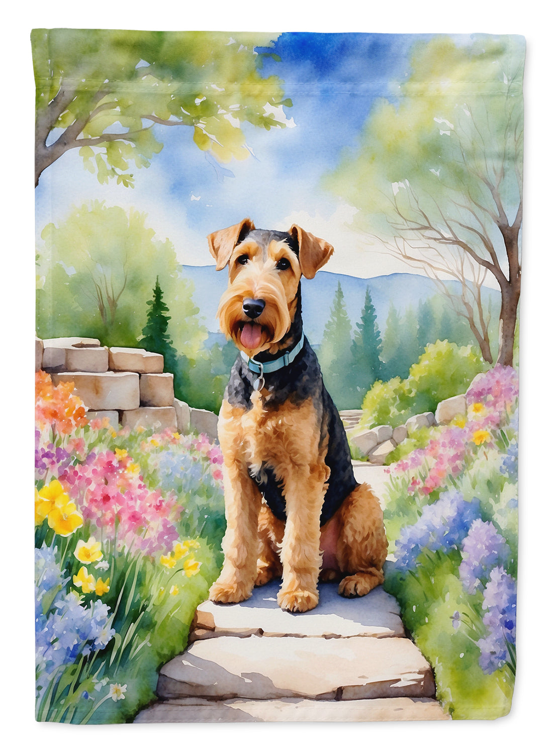 Airedale Terrier Spring Path Garden Flag – Dog-Themed Floral Outdoor Decor