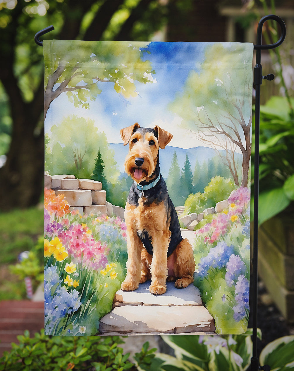 Airedale Terrier Spring Path Garden Flag – Dog-Themed Floral Outdoor Decor