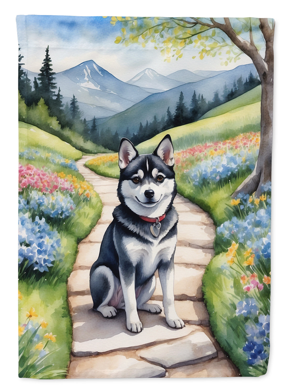 Alaskan Klee Kai Spring Path Garden Flag – Dog-Themed Floral Outdoor Decor