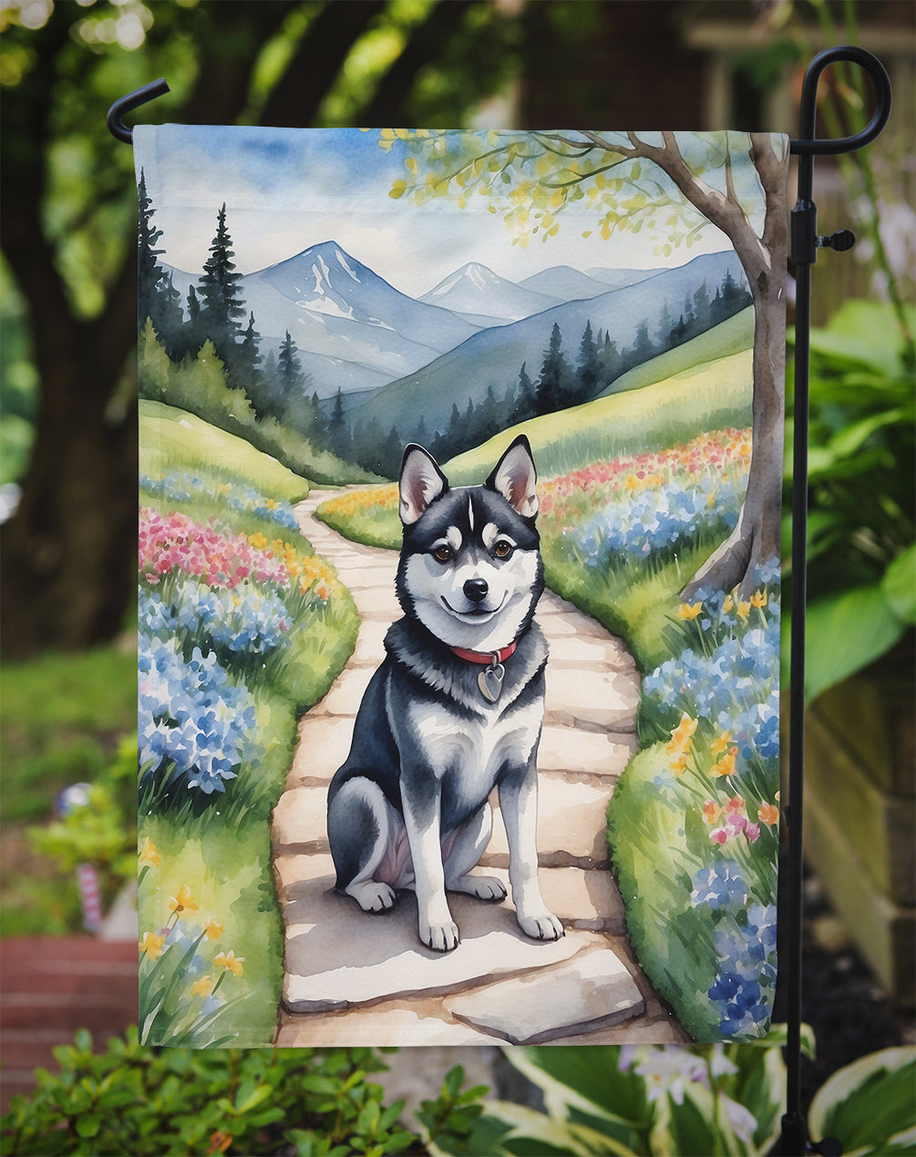 Alaskan Klee Kai Spring Path Garden Flag – Dog-Themed Floral Outdoor Decor