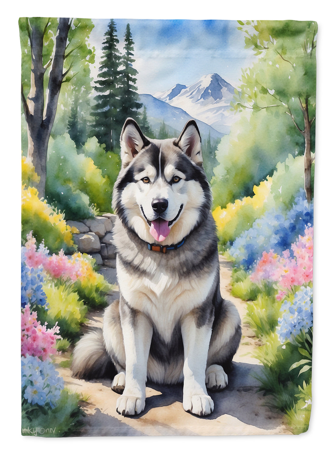 Alaskan Malamute Spring Path Garden Flag – Dog-Themed Floral Outdoor Decor
