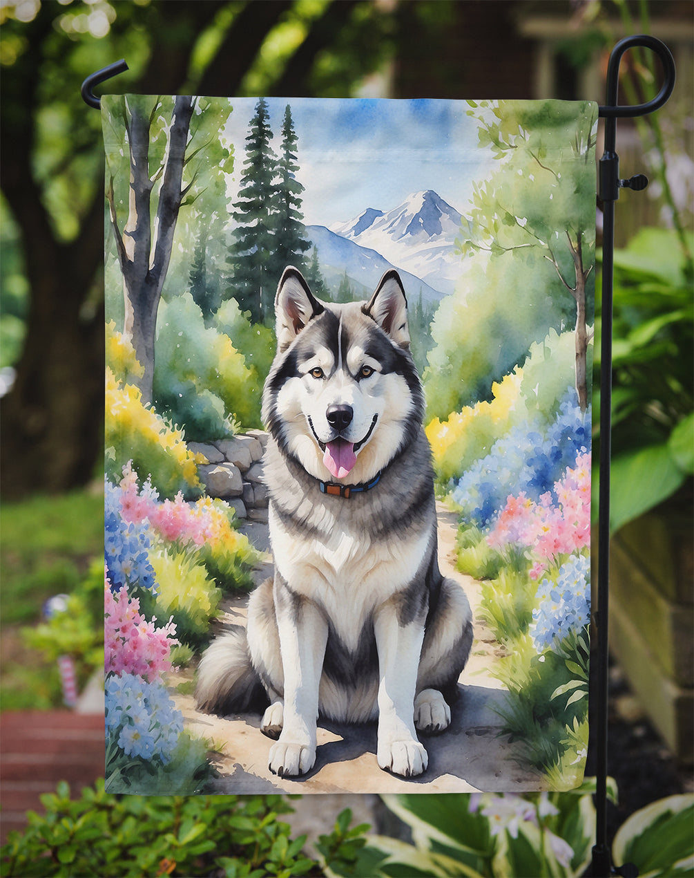 Alaskan Malamute Spring Path Garden Flag – Dog-Themed Floral Outdoor Decor