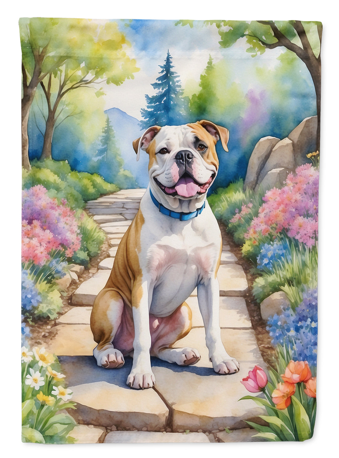 American Bulldog Spring Path Garden Flag – Dog-Themed Floral Outdoor Decor