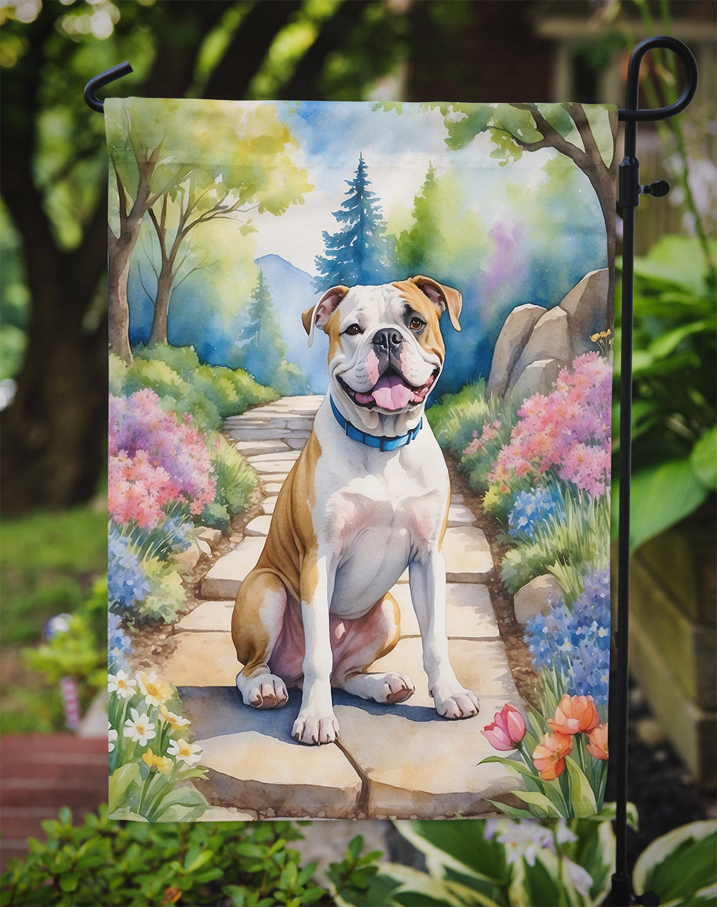 American Bulldog Spring Path Garden Flag – Dog-Themed Floral Outdoor Decor